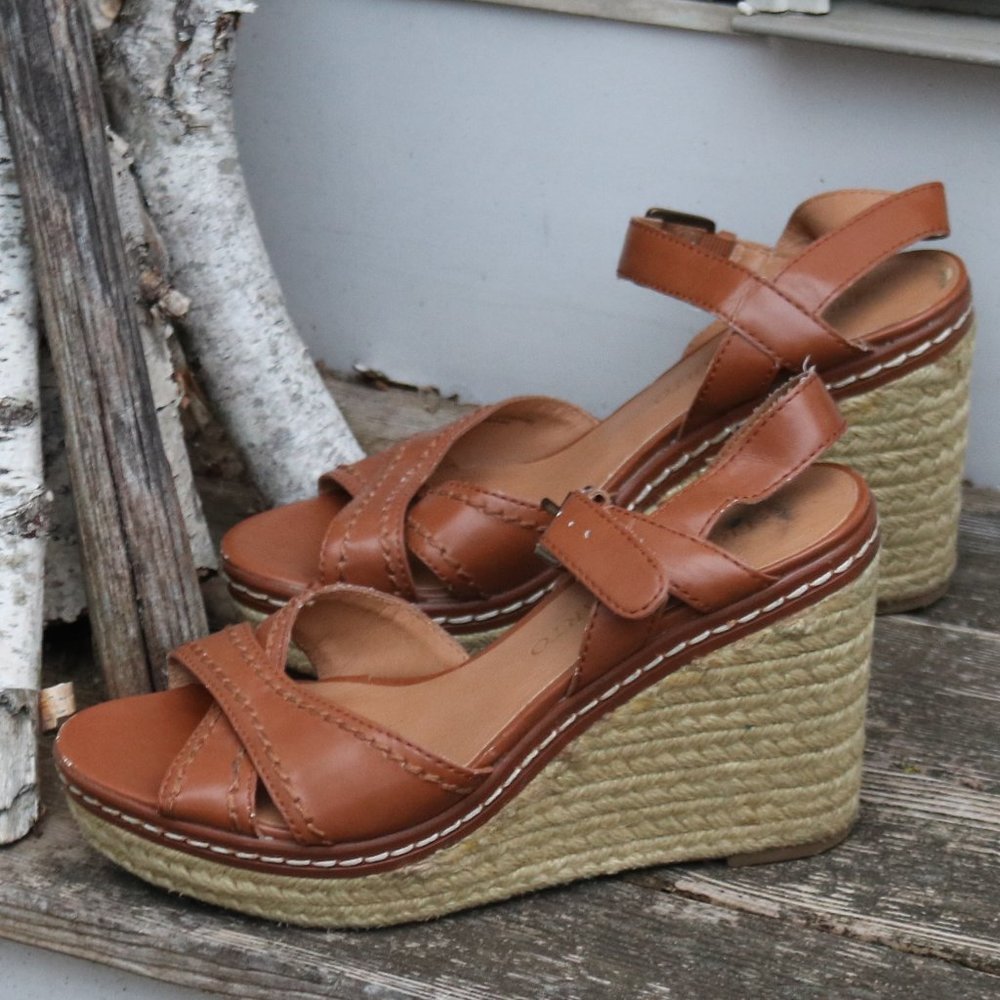Franco Sarto Tan Leather Espadrille Wedge Sandals